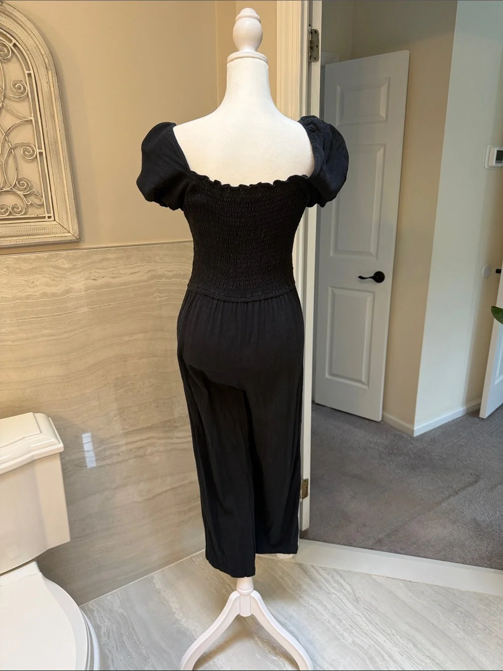 Abercrombie & Fitch Black Smocked Bodice Jumpsuit with Puff Sleeves